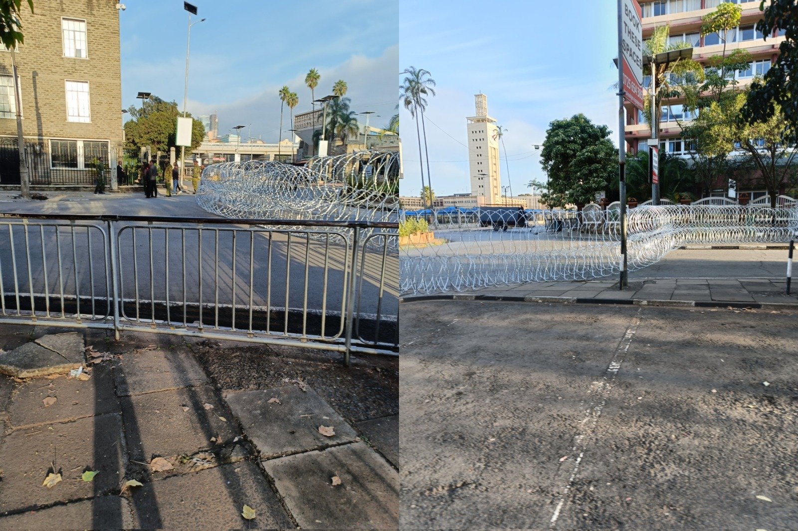 Photocollage of Parliament road fenced by a barbed wire.